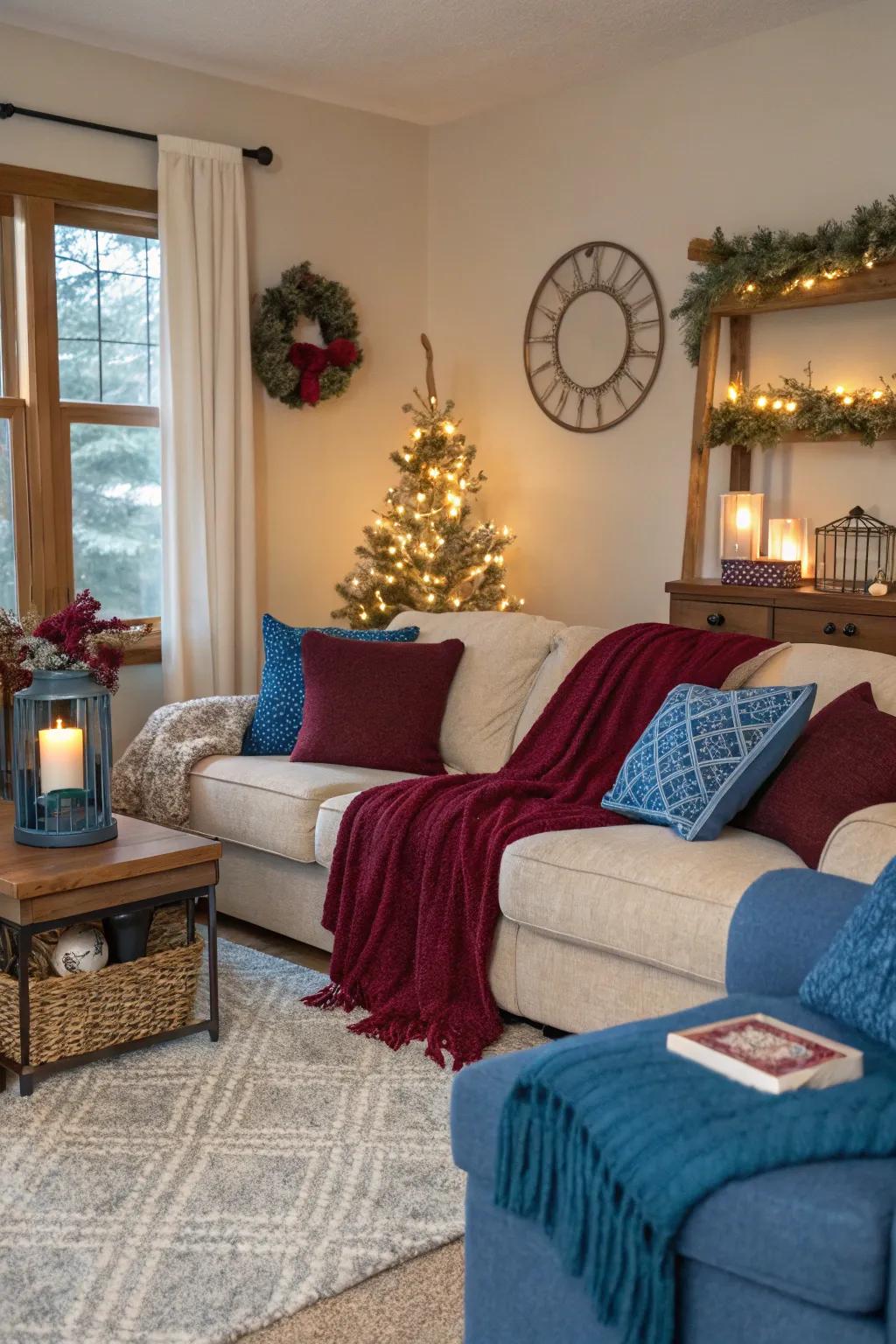 Seasonal details in cerulean and wine keeping your decor fresh and adaptable.