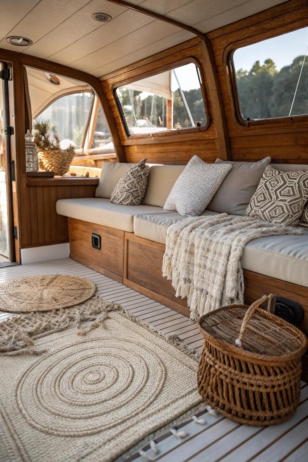 Natural textures bring warmth and depth to the boat interior.