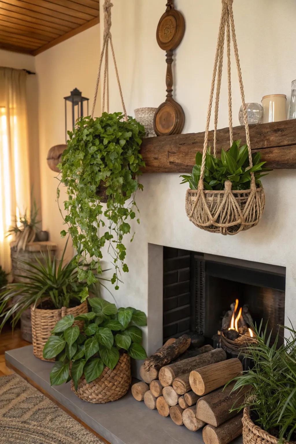 A bohemian-style fireplace featuring hanging flora, adding vertical greenery.
