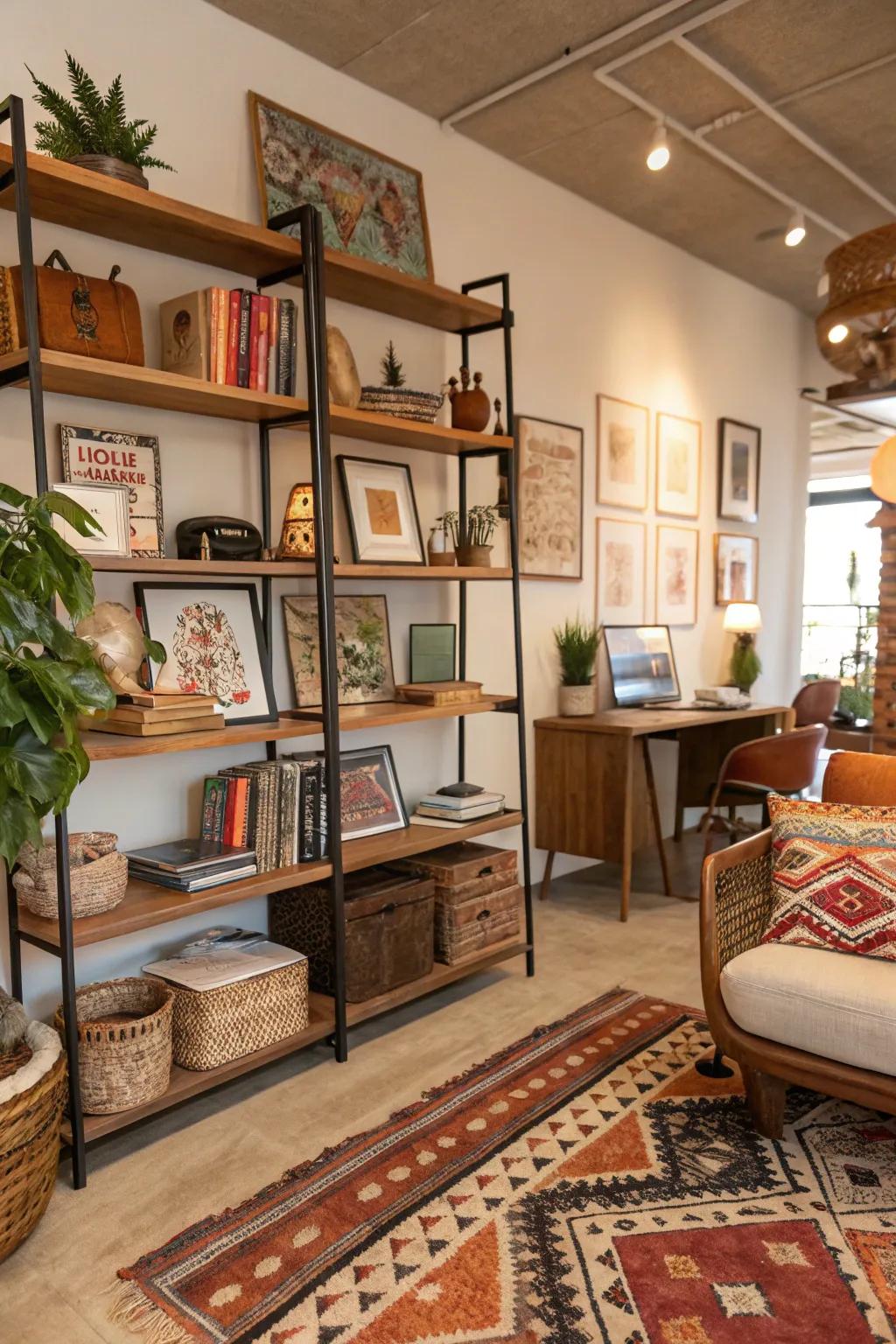 Imaginative shelving combines books and art for a dynamic display.