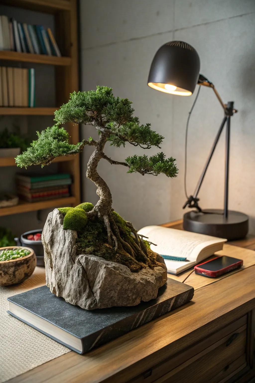 Bonsai integrated with natural rock for a dramatic effect