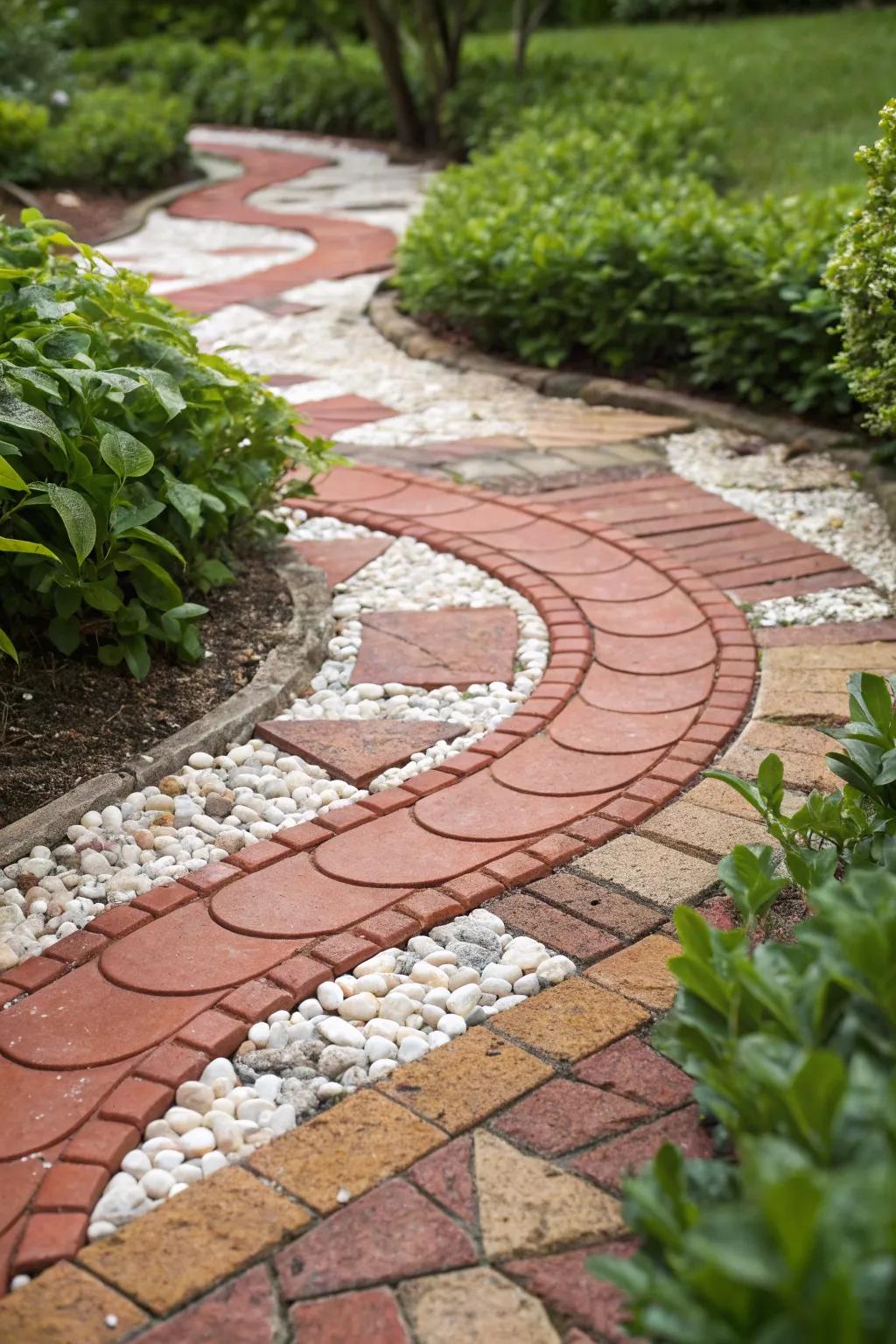 Elevate your garden path with the elegance of brick and pebble inlays, where nature meets craftsmanship.