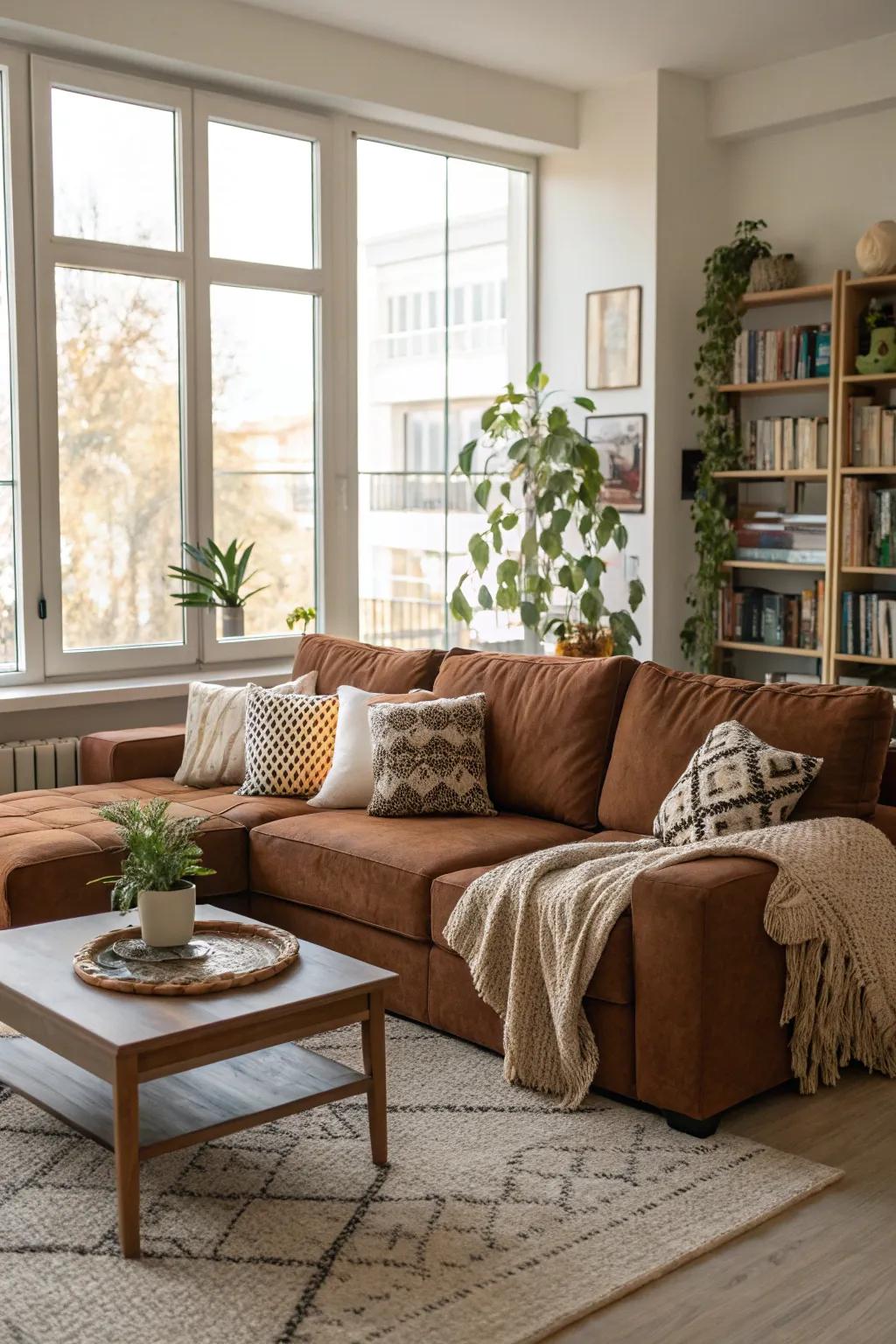 Natural light brightens a brown sectional and enhances the room's ambiance.