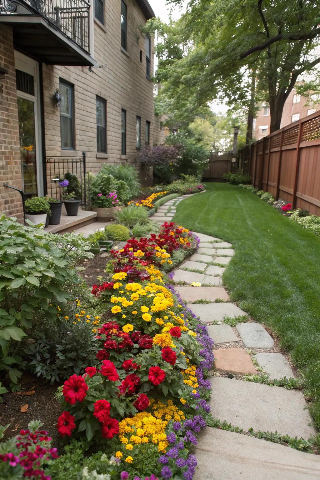 Colorful flowers border the pathway, adding vibrancy to the backyard.