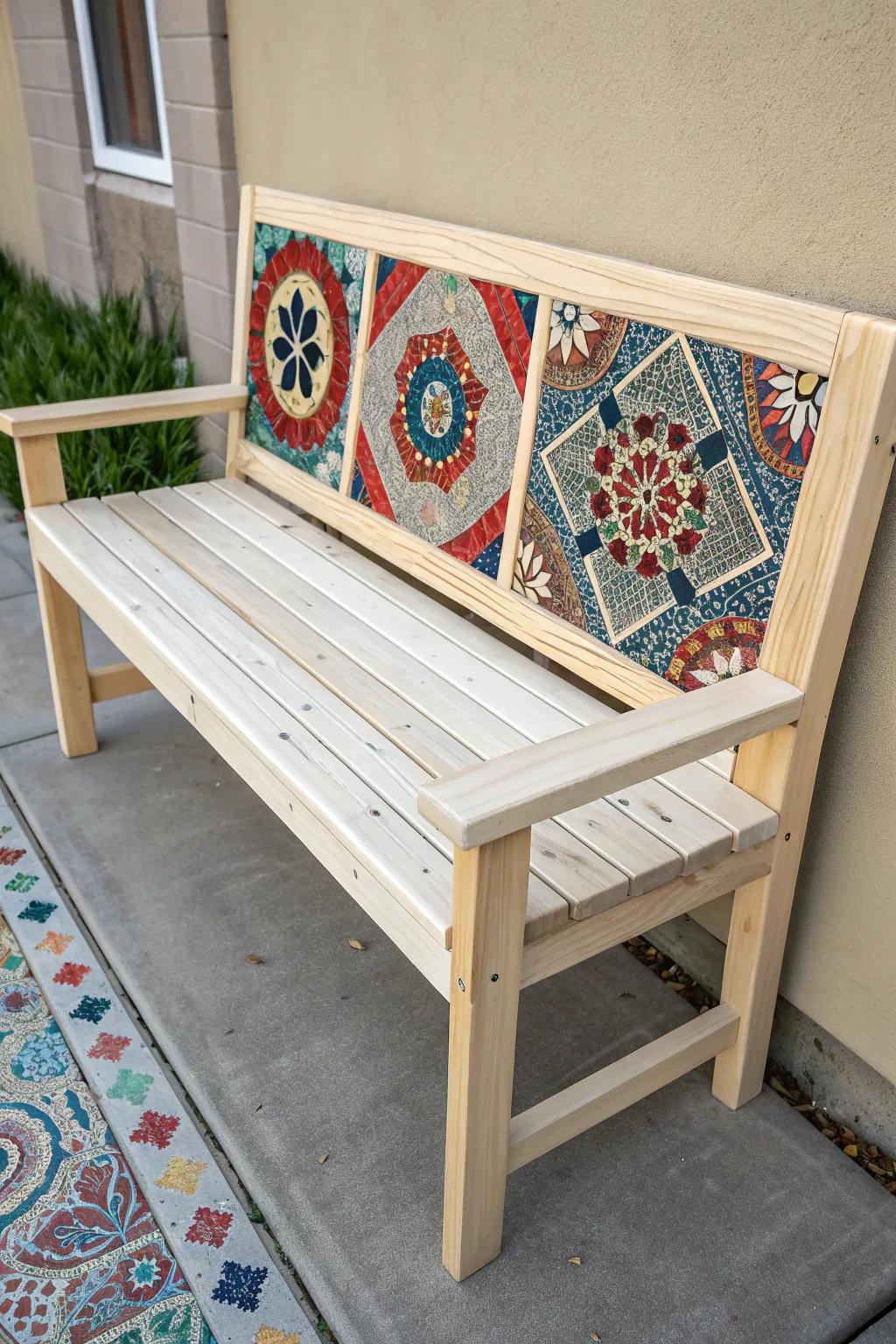 Transform your bench into a masterpiece with a mesmerizing tile mosaic, where Scandinavian simplicity meets boho vibrance.