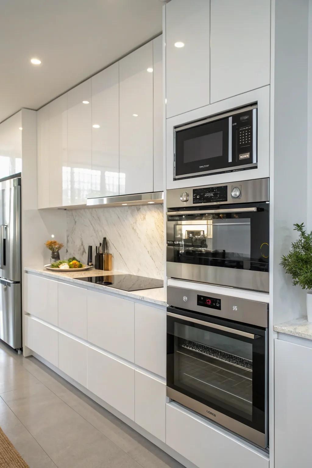 Modern kitchen showcasing a microwave stacked above a wall oven, crafting a unified cooking sphere.