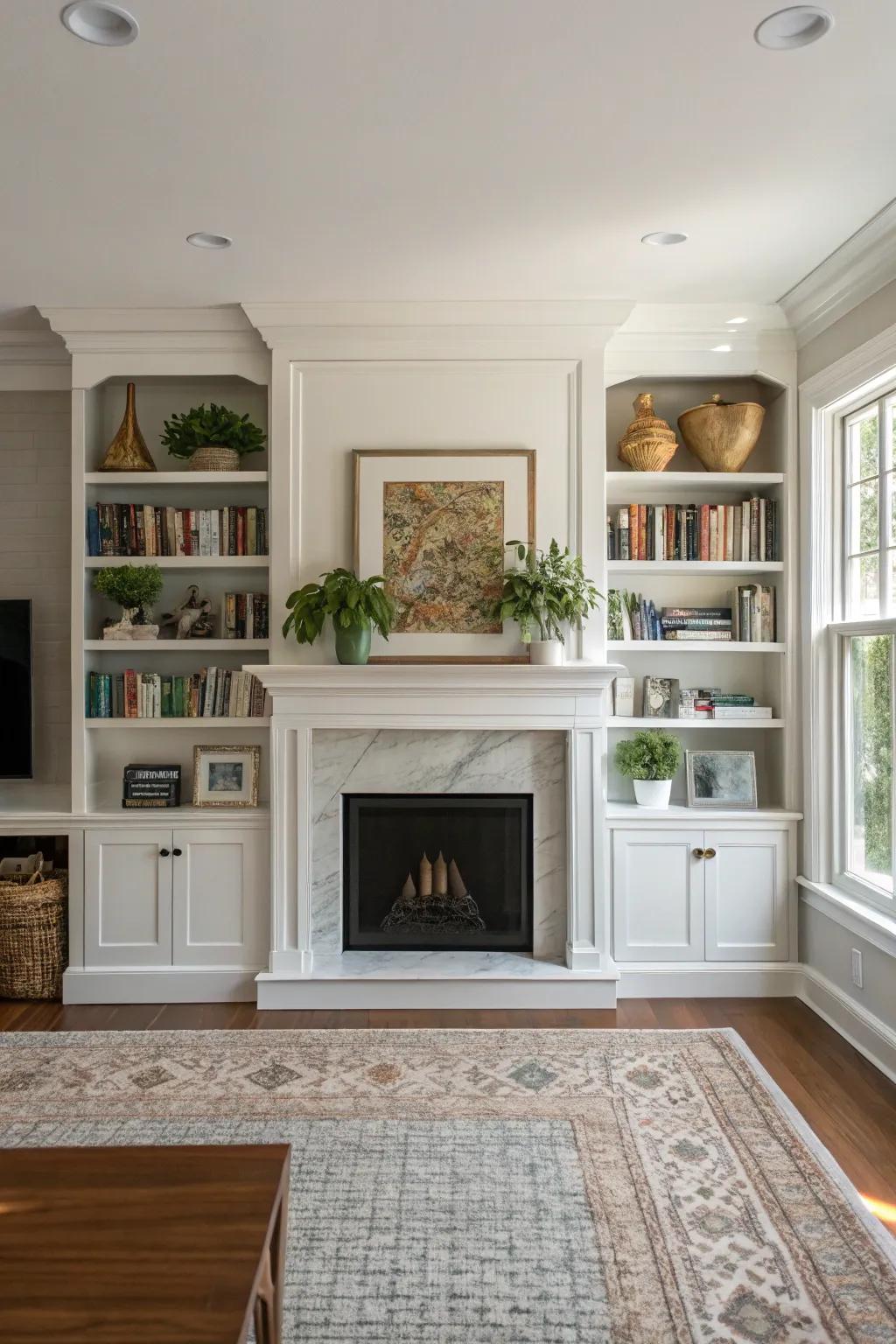 Symmetrical built-in shelves provide a pleasing and well-balanced aesthetic.