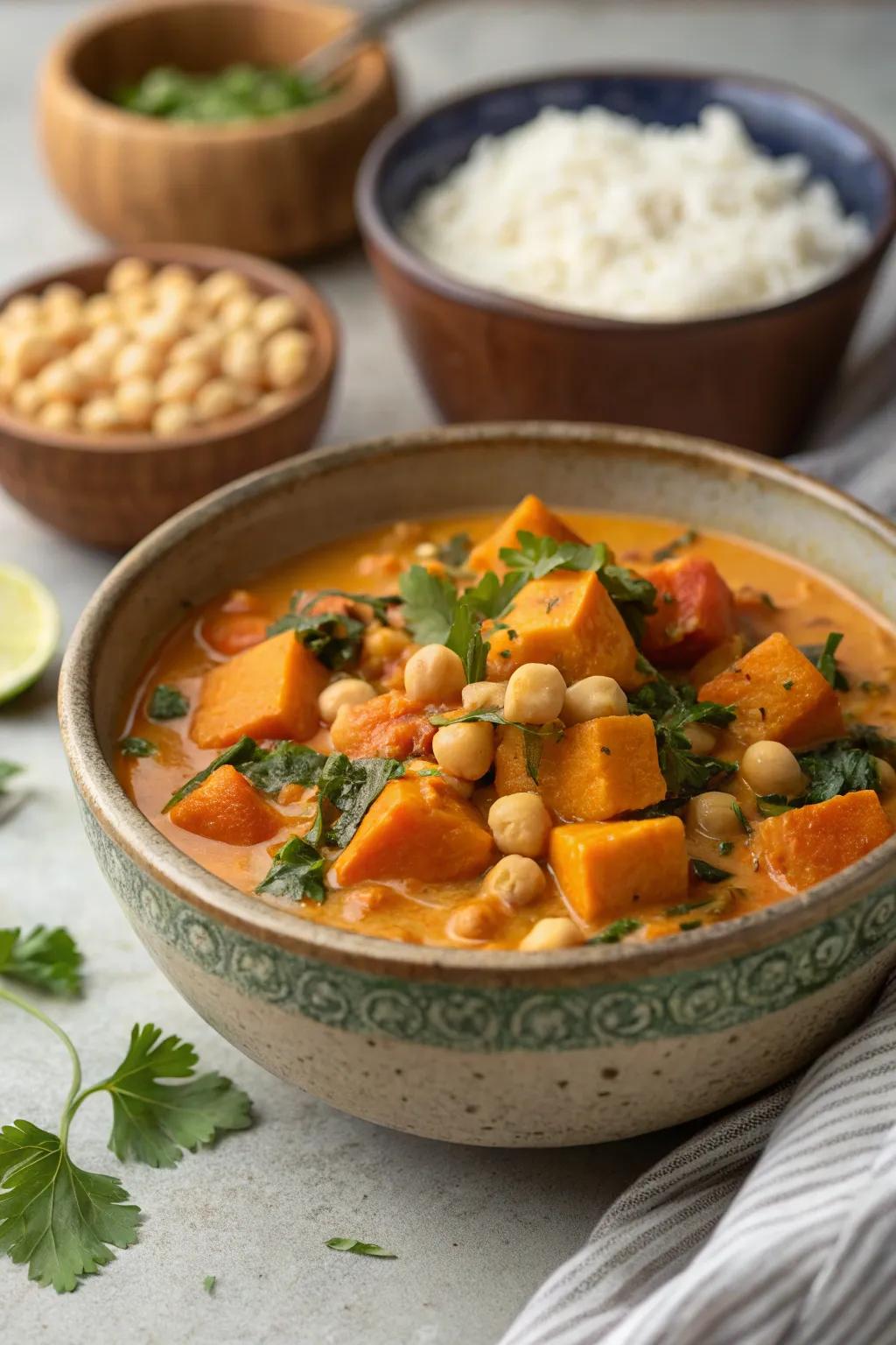 A sweet potato and chickpea curry, bursting with flavor.