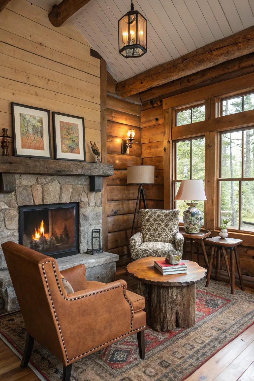 Vintage discoveries contribute character and history to the cabin’s inside.