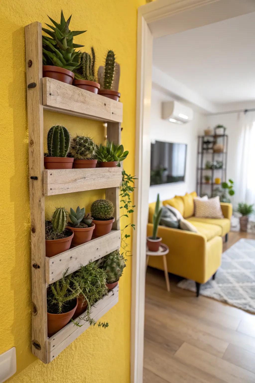 A space-saving vertical garden with wall-mounted planters.