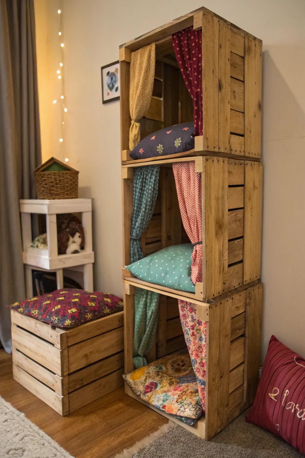 A corner crate tower that doubles as a stylish cat hideaway.