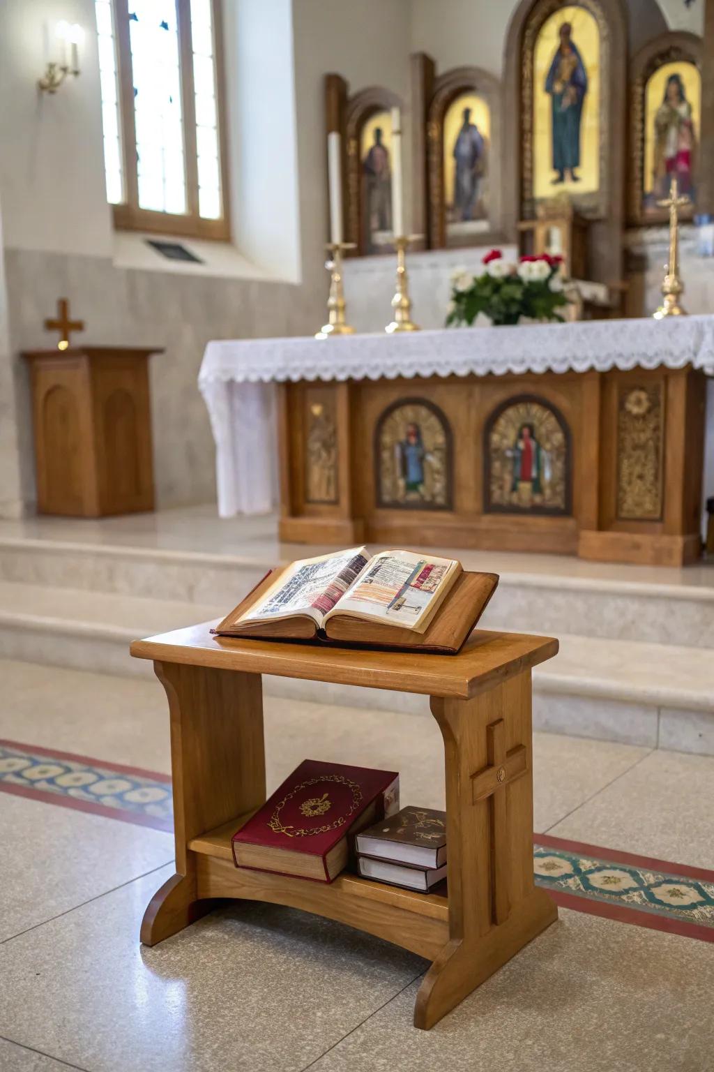 A kneeling bench provides comfort and focus during prayer.