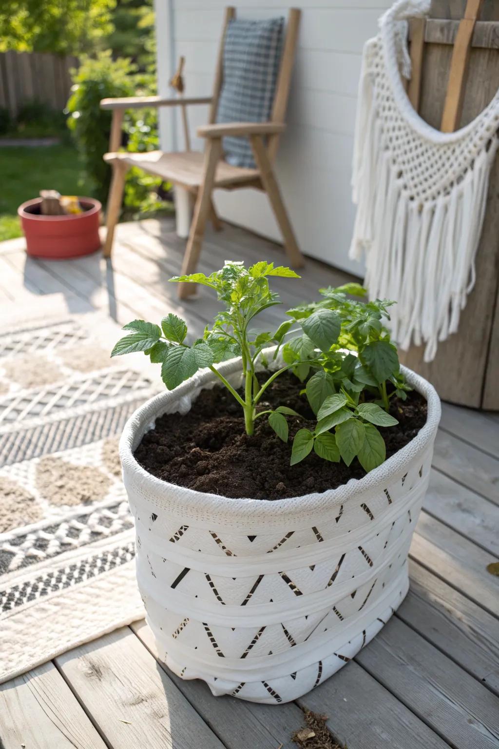 Transform everyday items into garden treasures with a chic laundry basket potato planter!