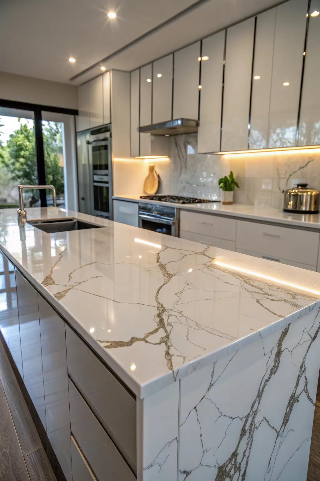 Stylish kitchen with glossy epoxy coated countertops.