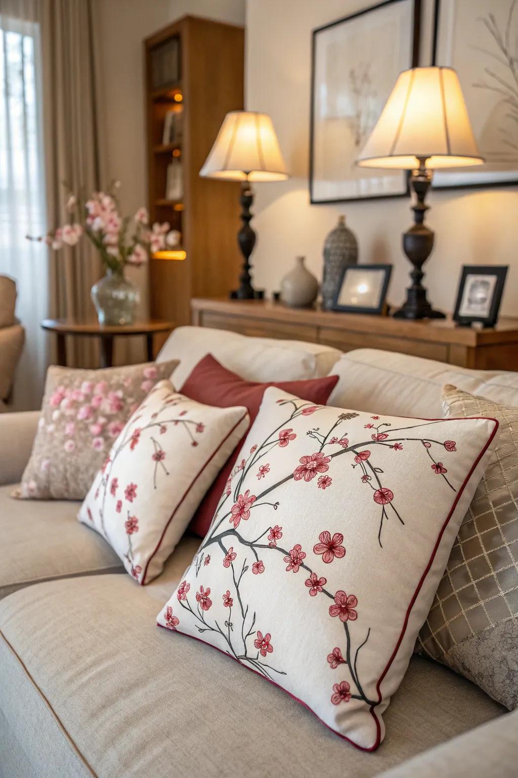 Cherry blossom throw pillows add a splash of color to this cozy living room.