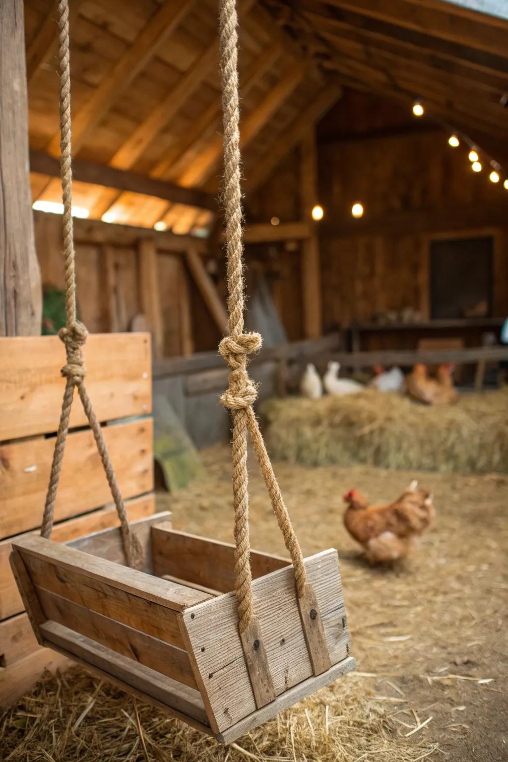 A whimsical touch to your barn: A handcrafted chicken swing for happy hens!