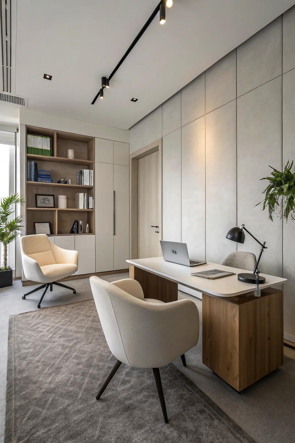 Minimalist decor cultivates a focused and clean office setting.