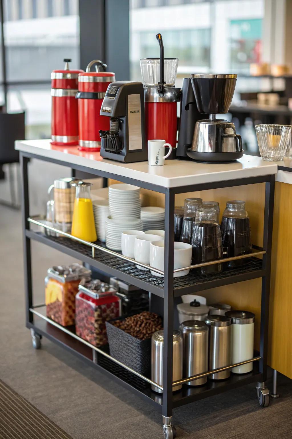 A bar cart offers mobility and flexibility for your coffee and tea station.