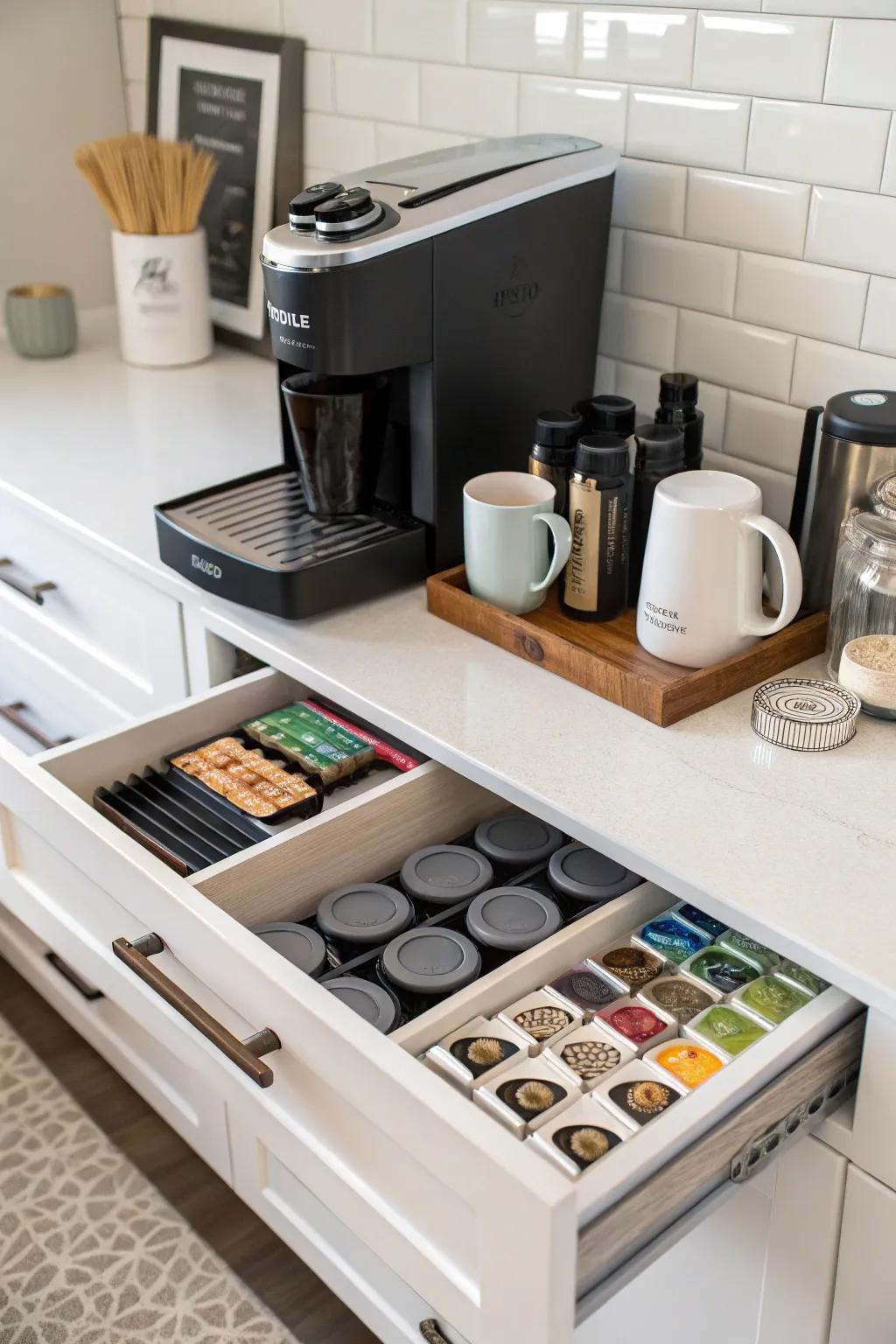 Hidden storage keeps coffee must-haves organized yet within easy reach.