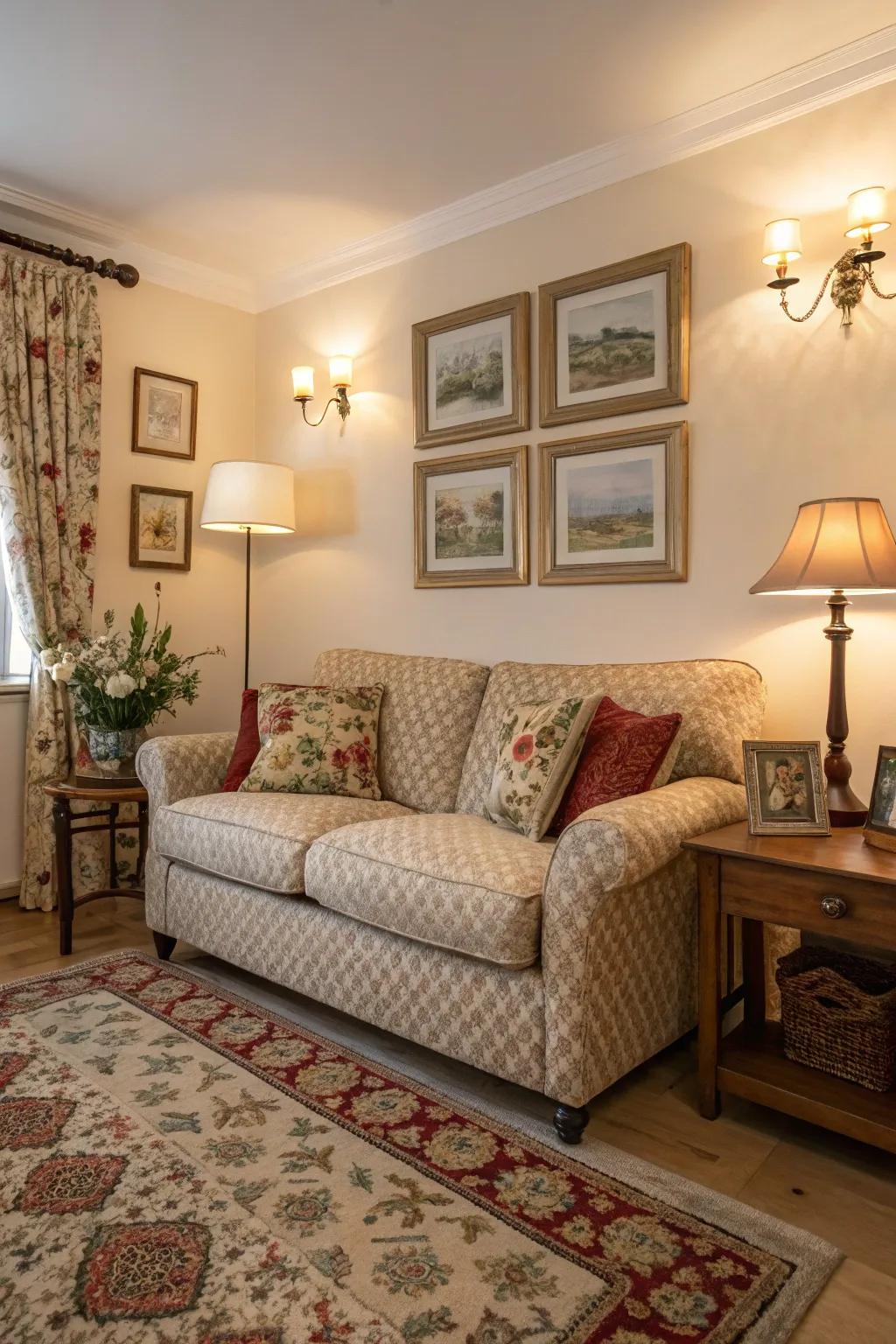 A delicately patterned sofa that enriches the design of a small space.