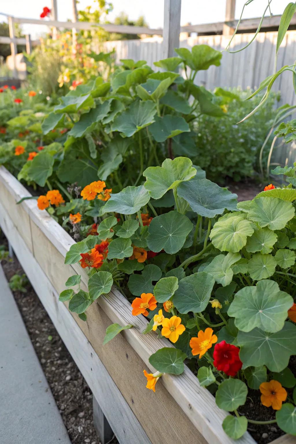 A vibrant and protective pairing is zucchini and nasturtiums.