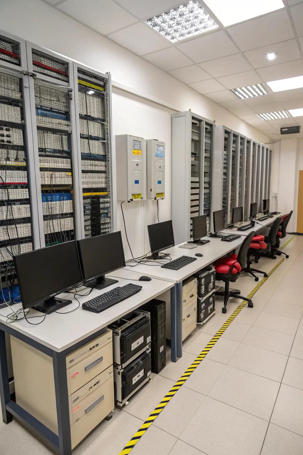 A tidy computer room with smart storage solutions for a clutter-free environment.