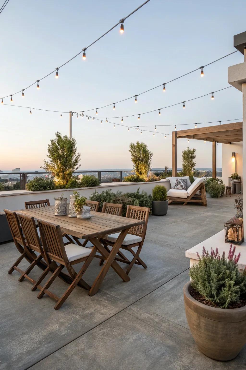 A concrete patio organized into distinct zones for dining and relaxing.