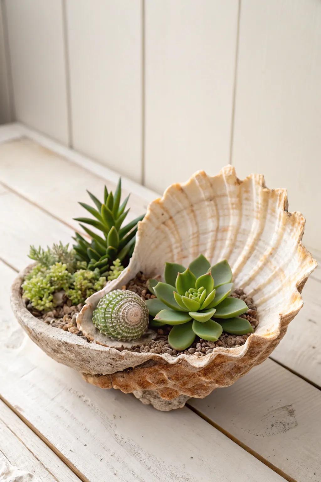 Bring a touch of the coast to your home with succulents in seashell containers.