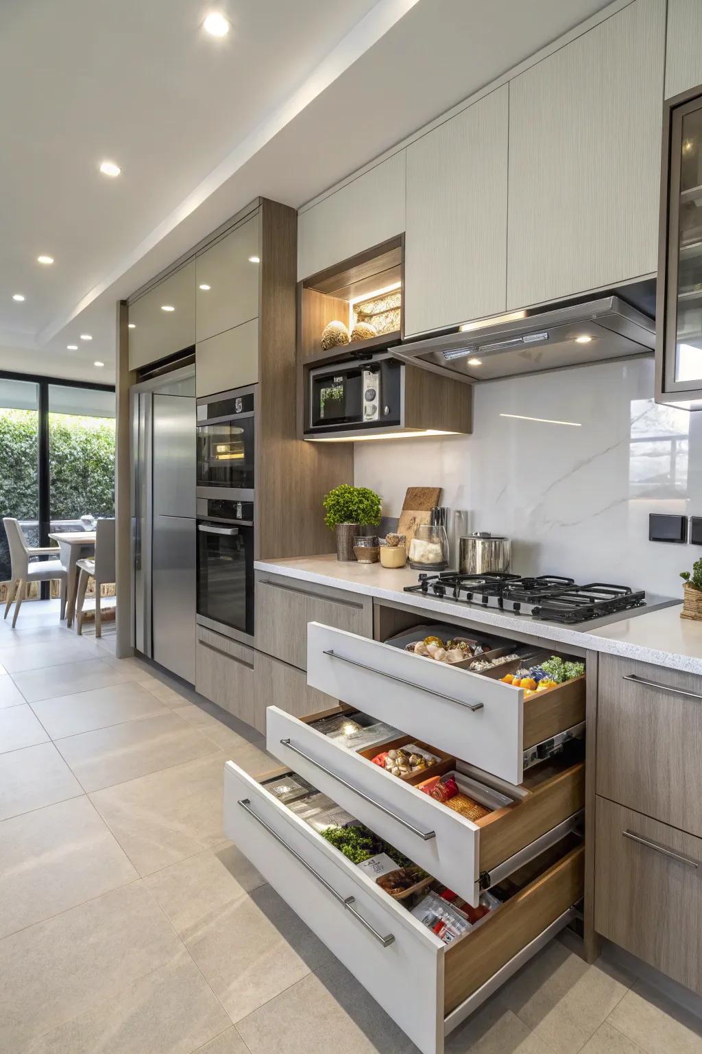 Clever storage solutions help maintain an organized kitchen.