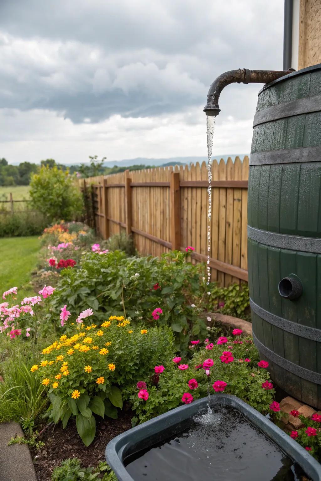 A rain barrel collecting water for sustainable gardening.