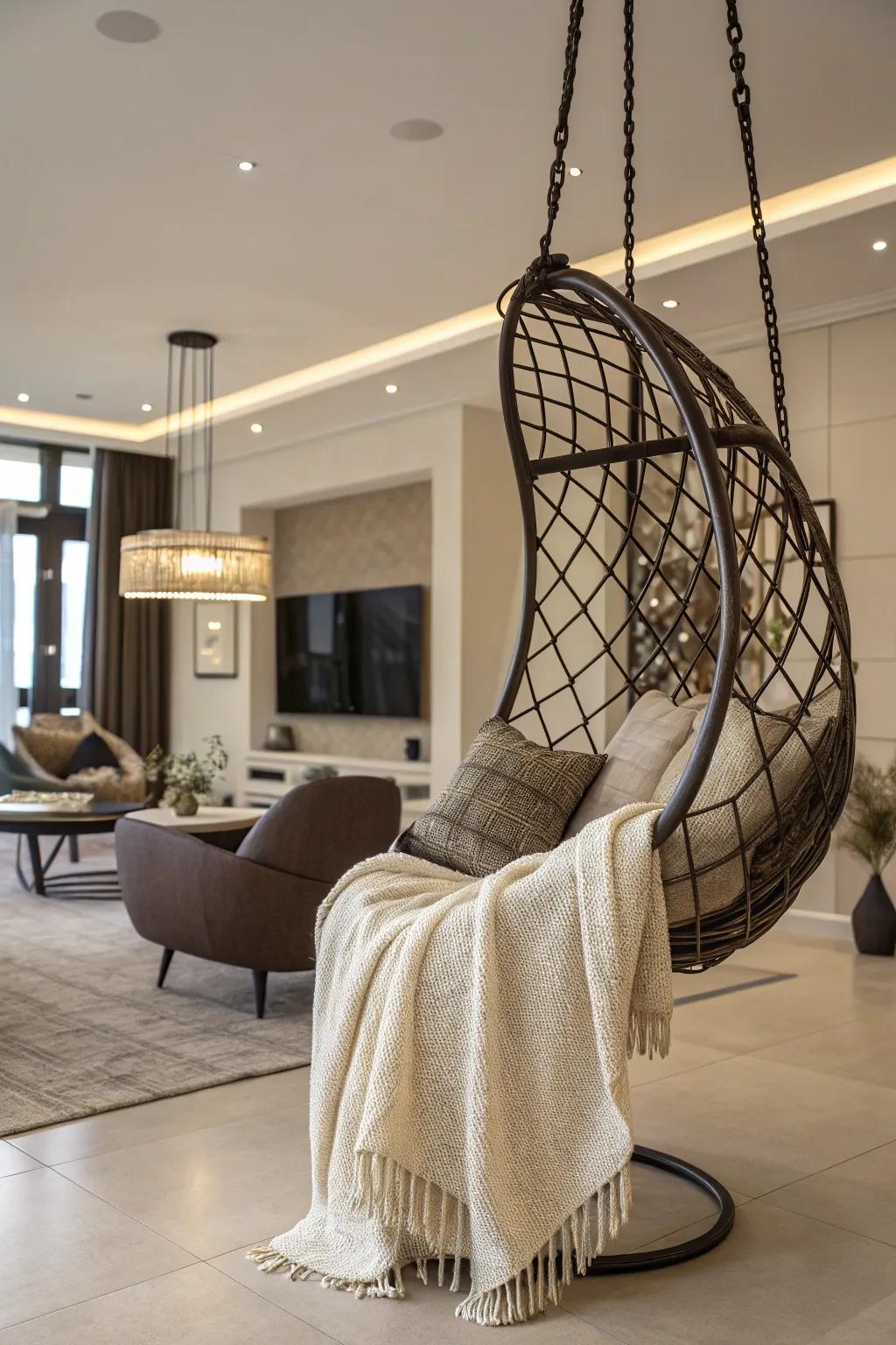 A hanging chair adds a playful and unique element to your living room.