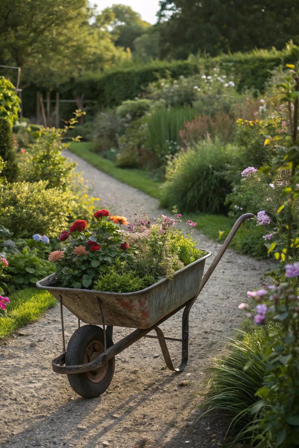 A wheelbarrow planter adds rustic charm to your garden corner.