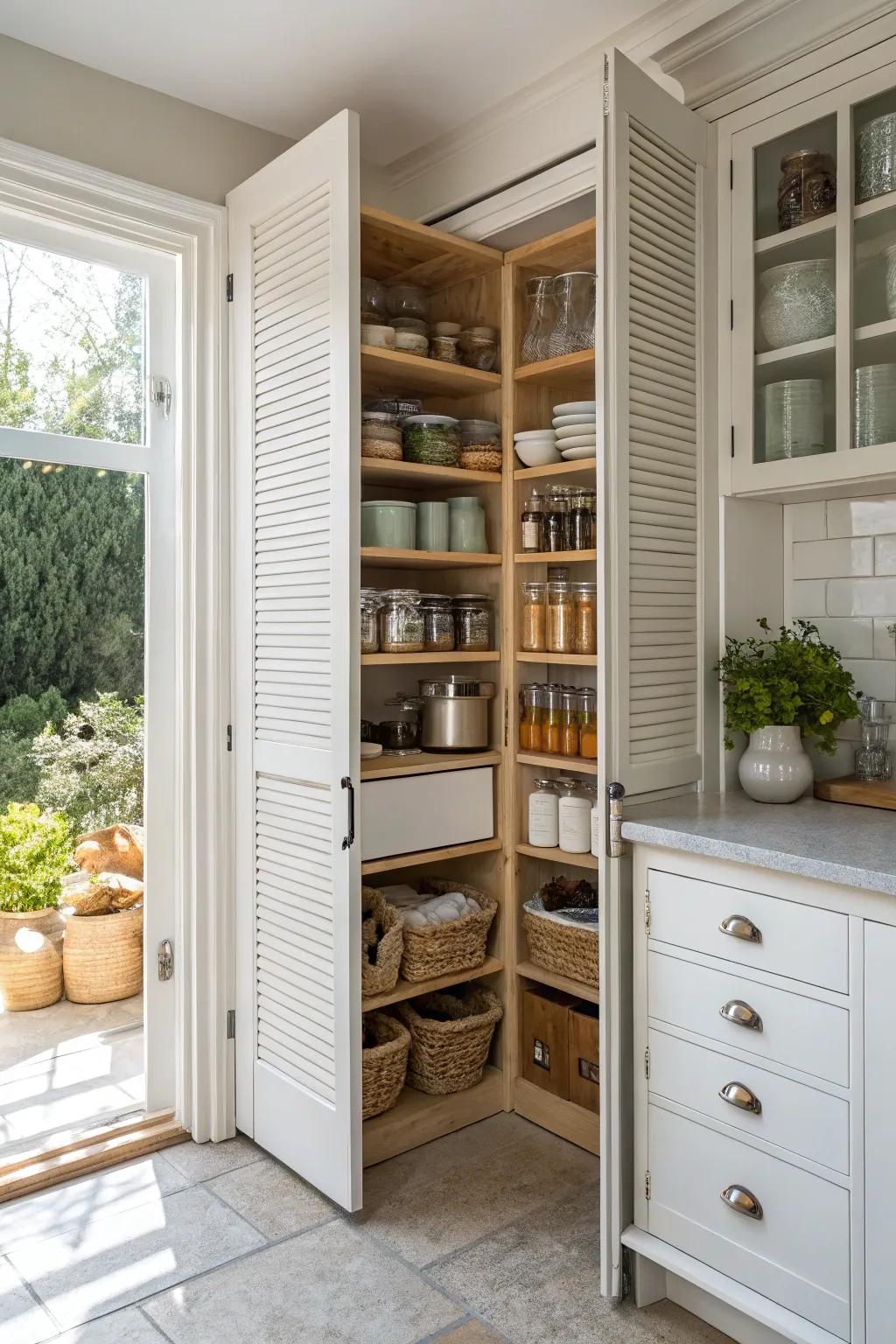 Accordion doors add convenience and style to kitchen corners.