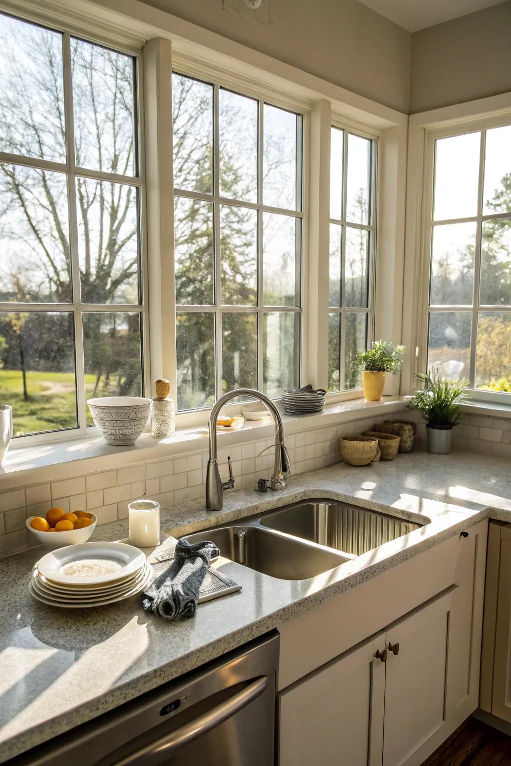 A corner sink near windows, flooding the kitchen with natural light.