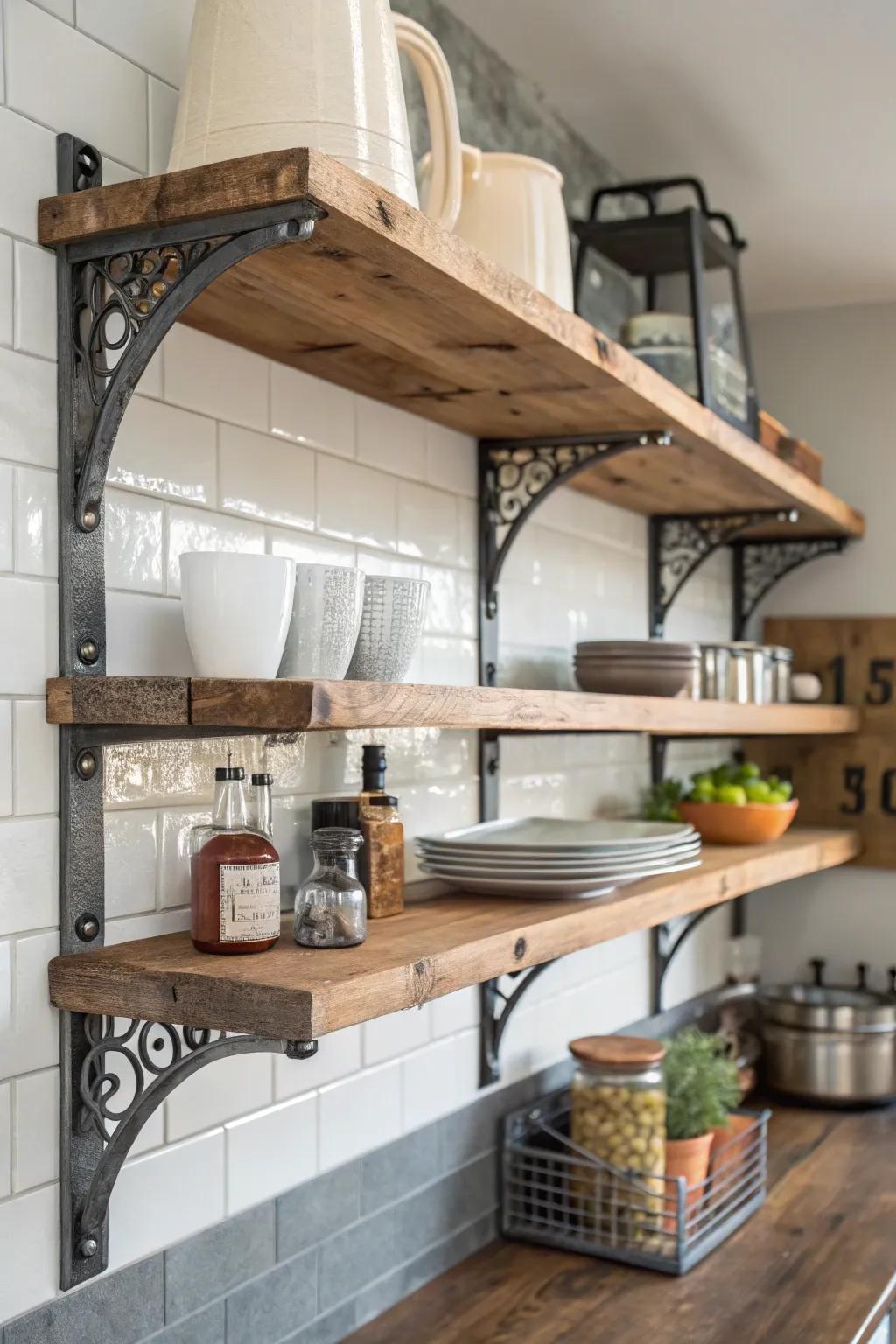 An industrial touch with metal and wood creates an edgy kitchen vibe.