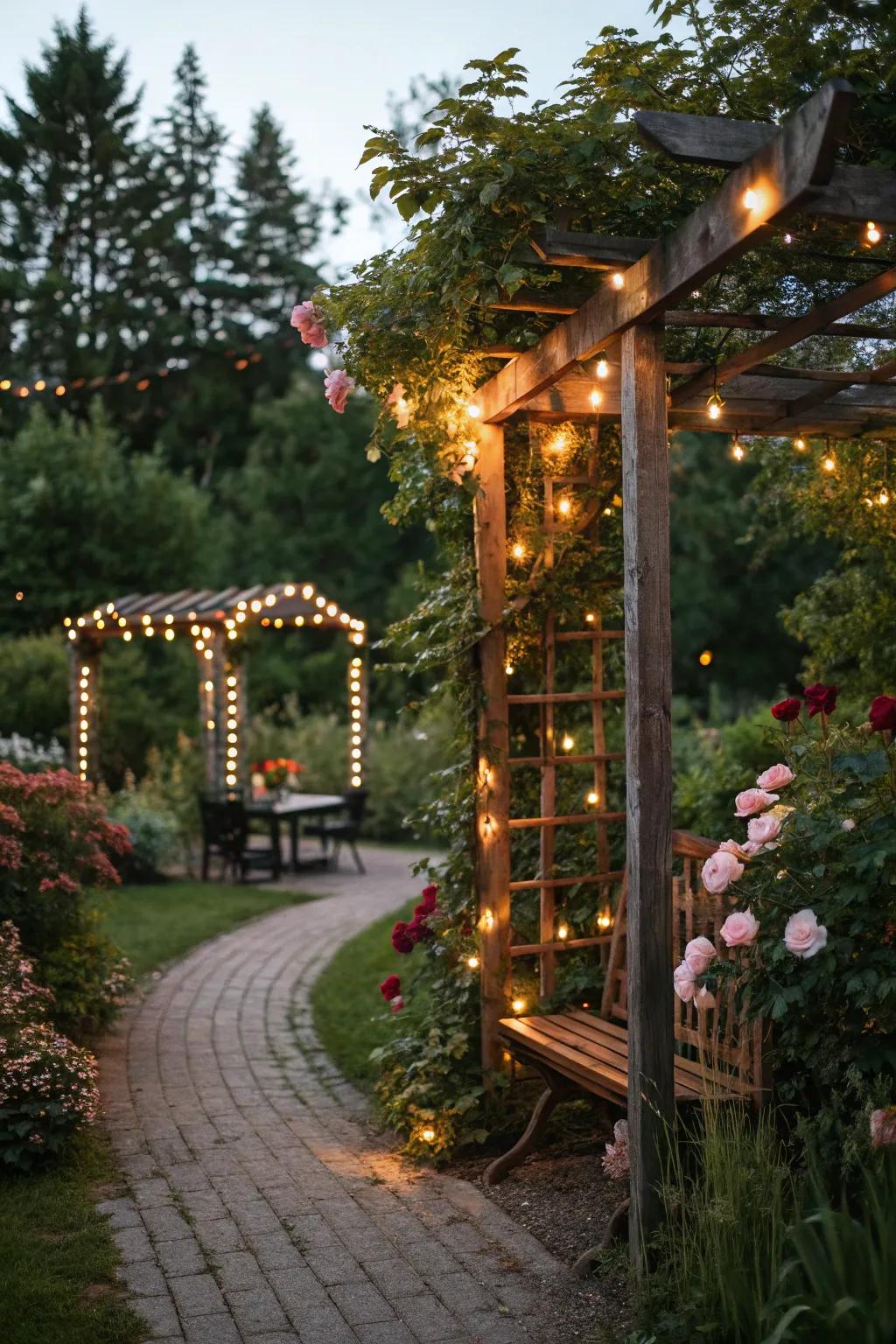 A trellis exquisitely illuminated by whimsical lights, offering evening enchantment.