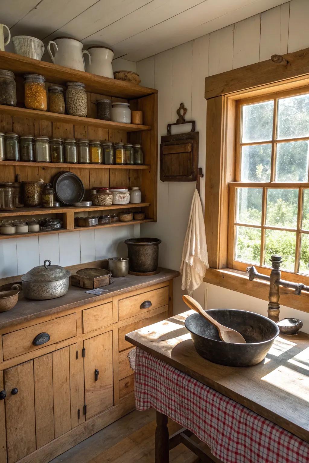 Vintage finds introduce unique charm to this countryside cooking area.