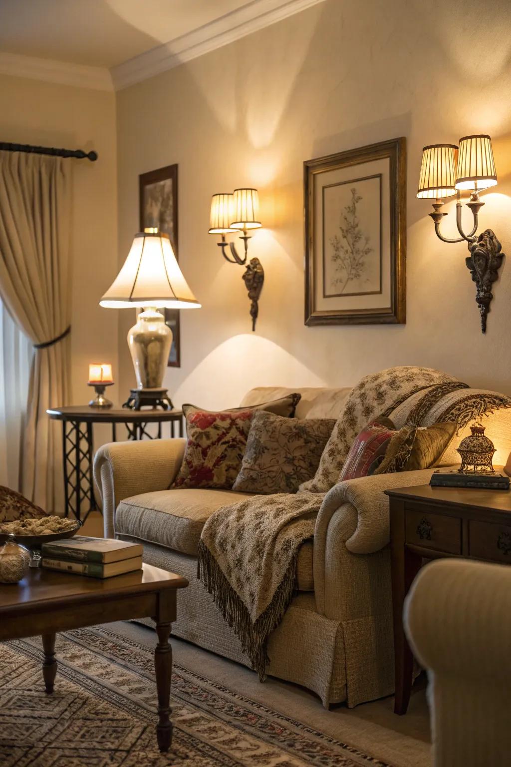 Soft lighting enhances the cozy ambiance of the living room.