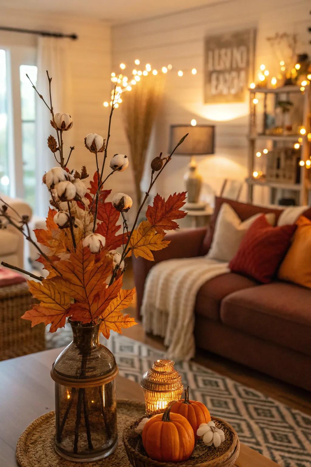 Autumn bliss with cotton stems and leaves.