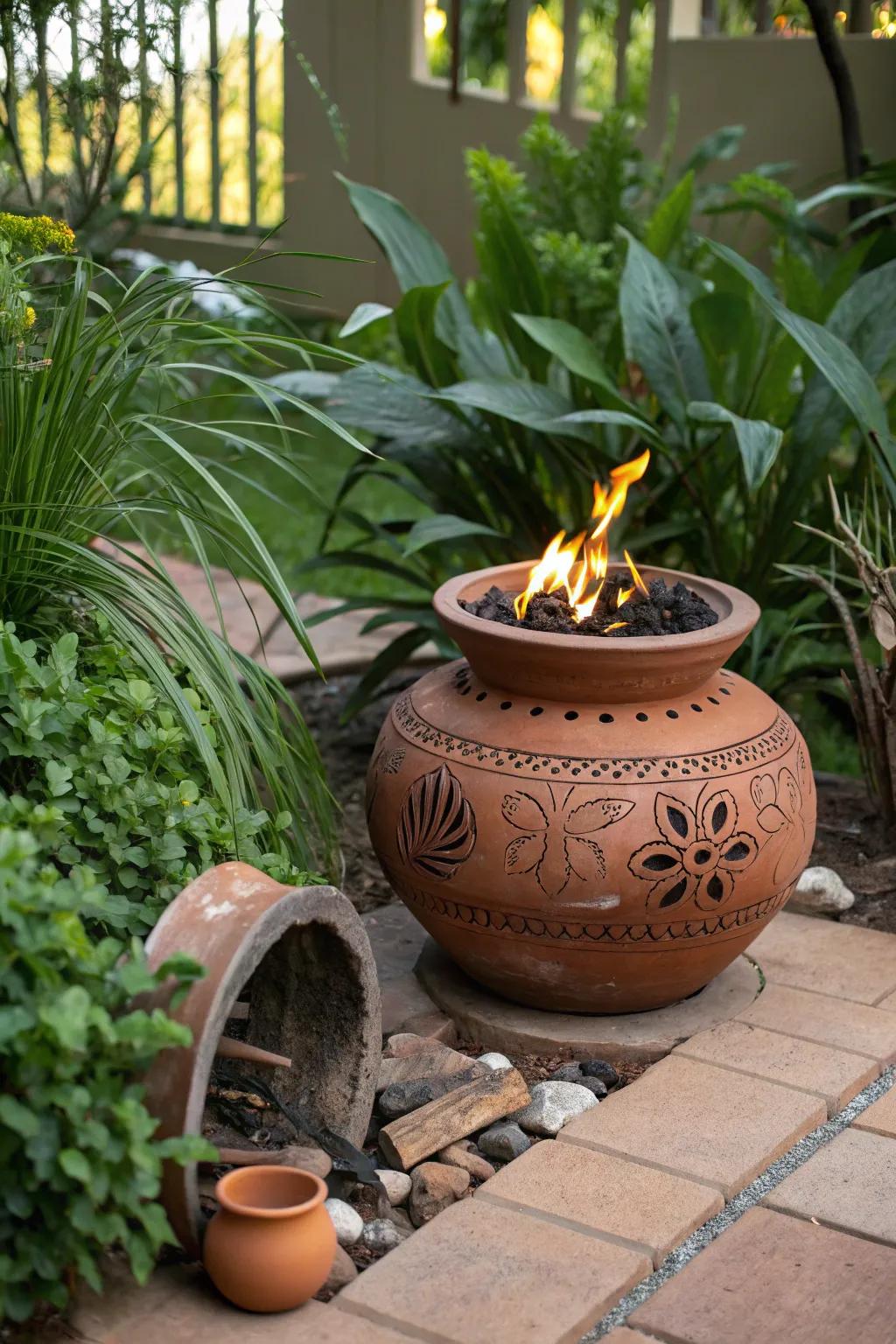 A terracotta pot brazier radiates countryside charm and warmth.
