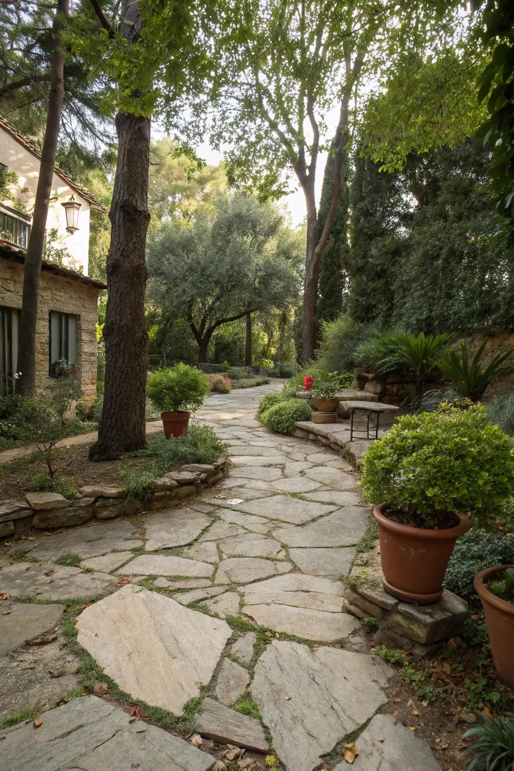Forge a rustic atmosphere with natural flagstone paths in your courtyard.