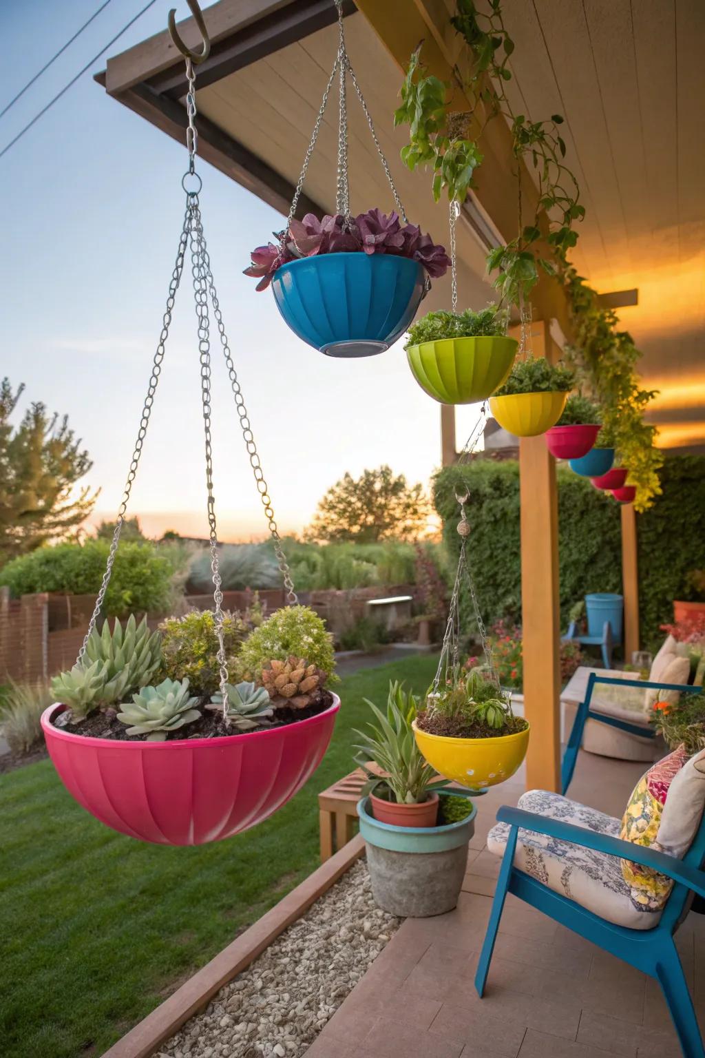 Hanging planters add vertical interest.