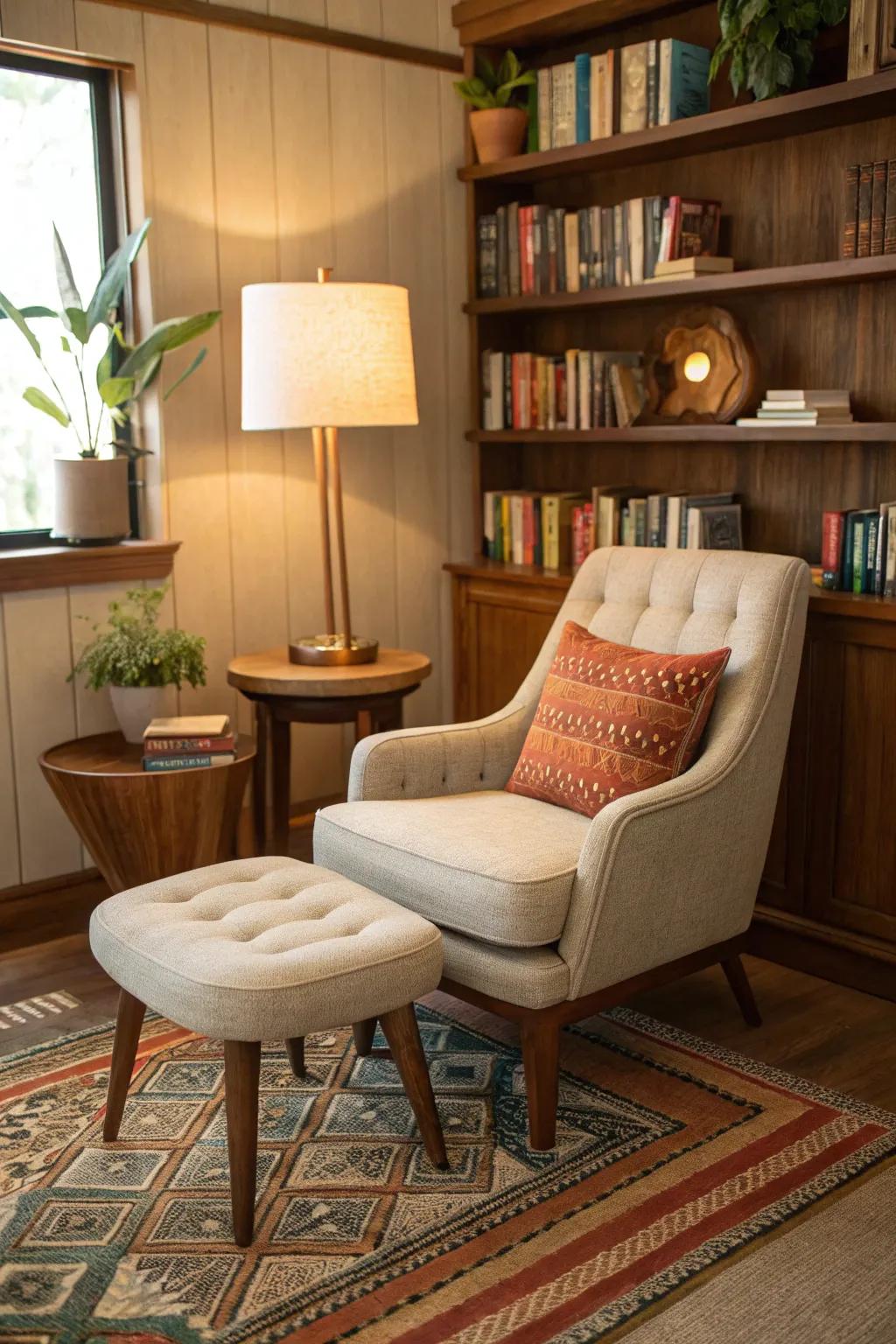 Mid-Century modern elements add timeless charm to this reading space.