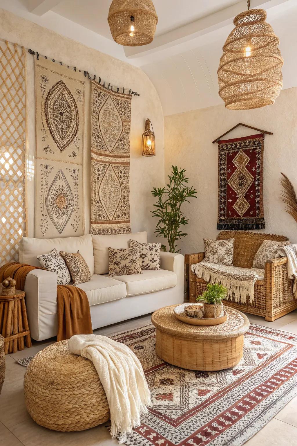 Modern boho style adds a relaxed charm to cream interiors.