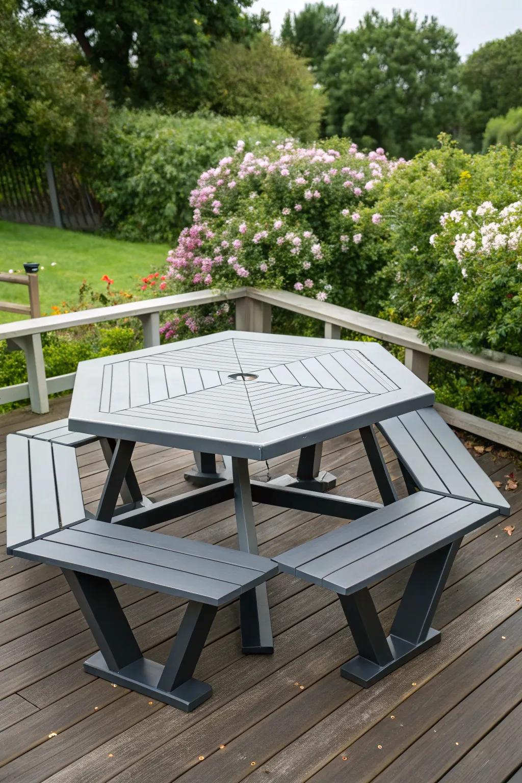 A modern hexagon picnic table, offering a stylish twist on traditional design.
