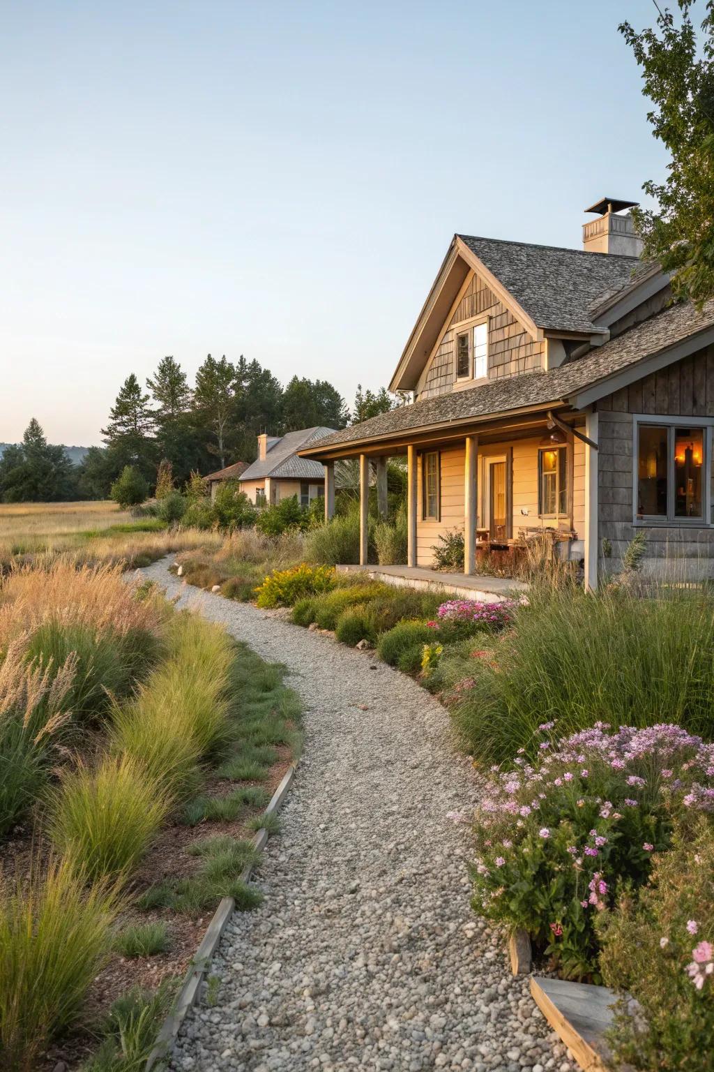 Gravel paths add rustic charm and easy maintenance.