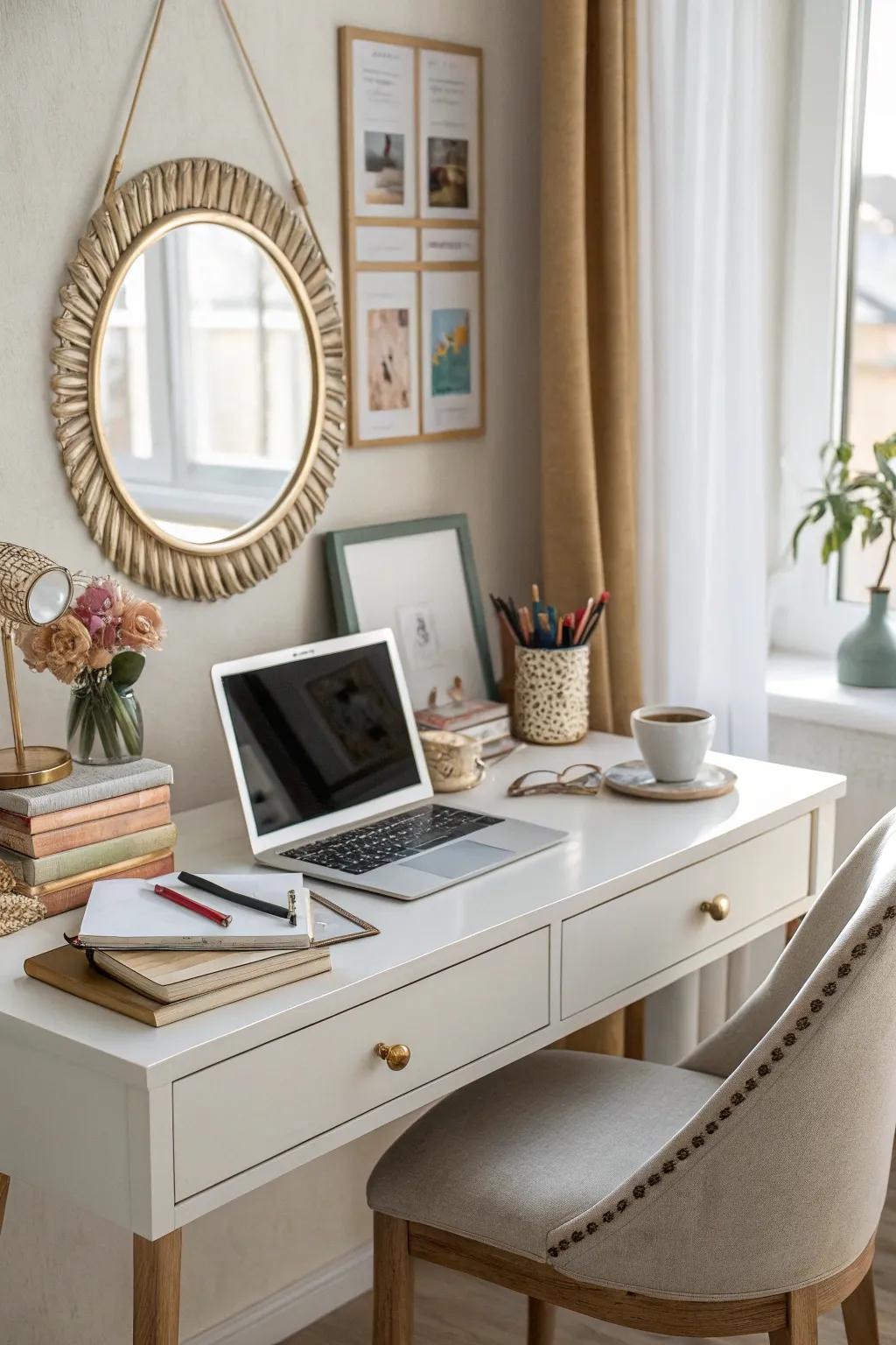 A desk with a small decorative mirror enhancing brightness.