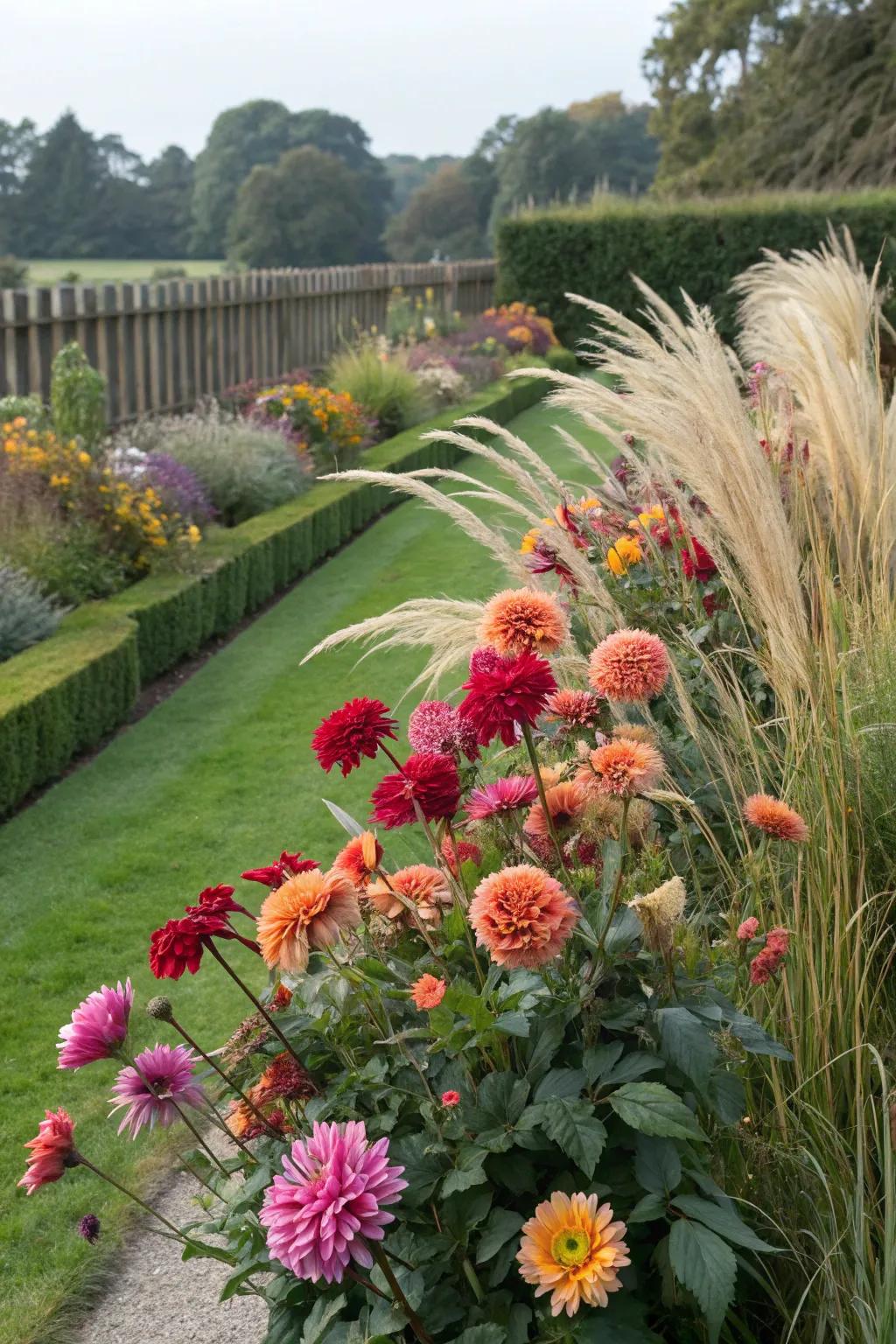 Textural contrast with dahlias and grasses.