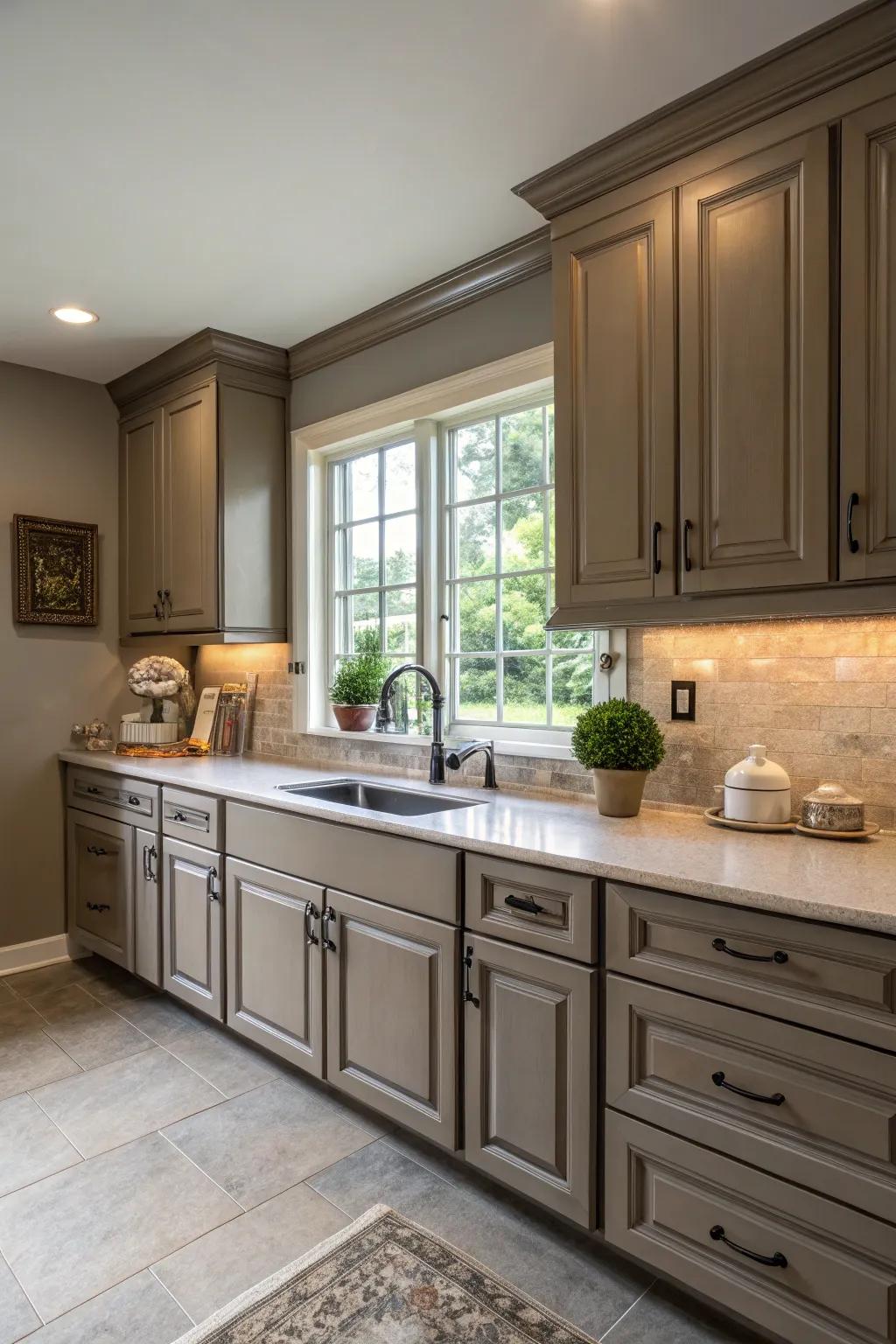 Complementary wall colors enhance beige cabinets.