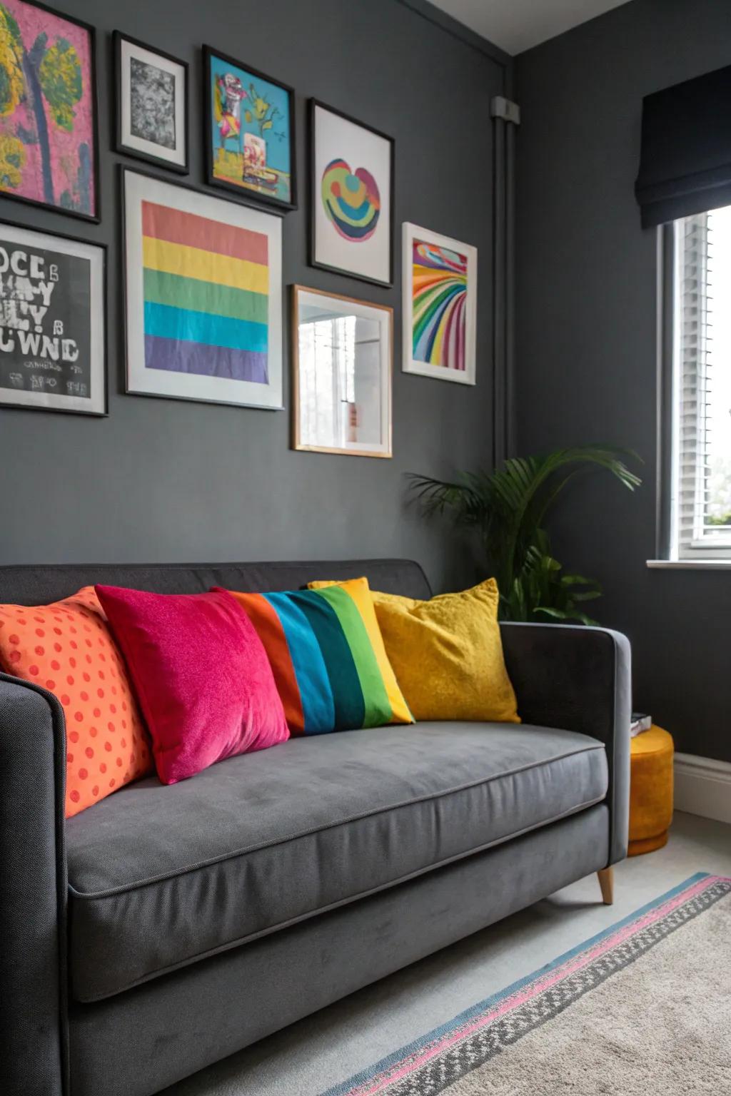 A pop of color creating an unexpected surprise in a grey room.